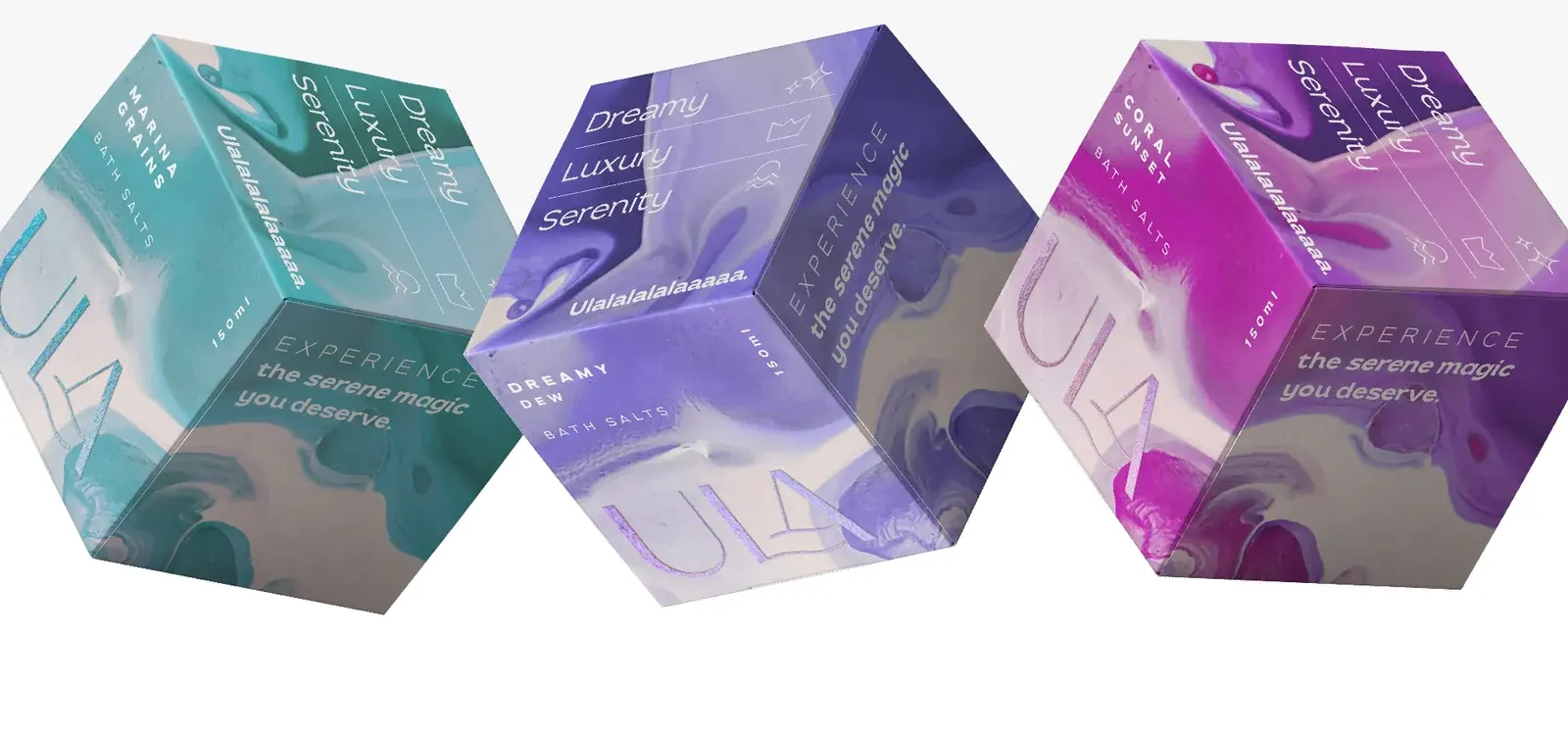 Three ULA bath-salt cartons in turquoise, violet and magenta