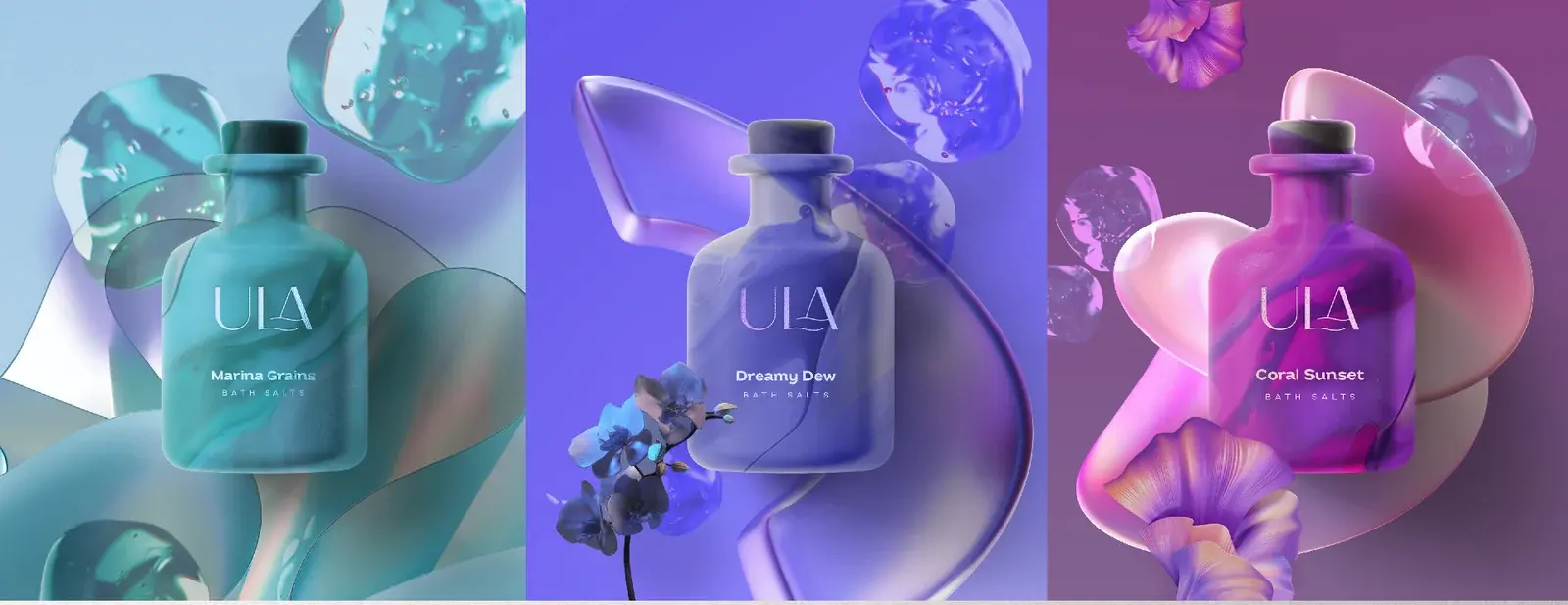 Three ULA bath-salt bottles surrounded by fluid glass forms and flowers