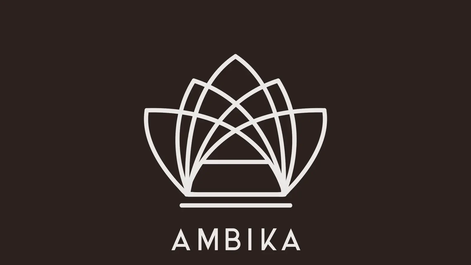 Ambika geometric emblem and wordmark on a deep oxblood background